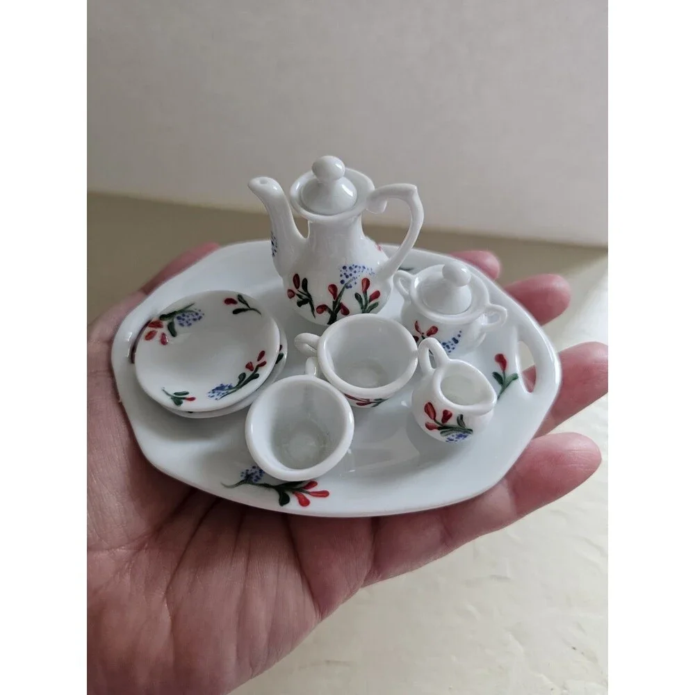 Vintage Miniature Ceramic Dollhouse Tea Set Blue And Red Floral Design